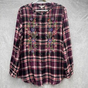 The Pioneer Woman Burgundy Plaid Floral Embroidered Blouse Women L